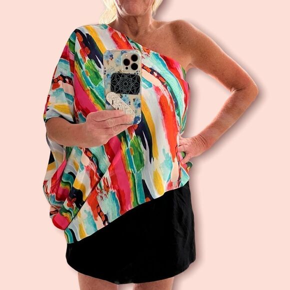 Judith March Multicolor one sleeve blouse with blouson waist. Size Lg - Picture 4 of 12